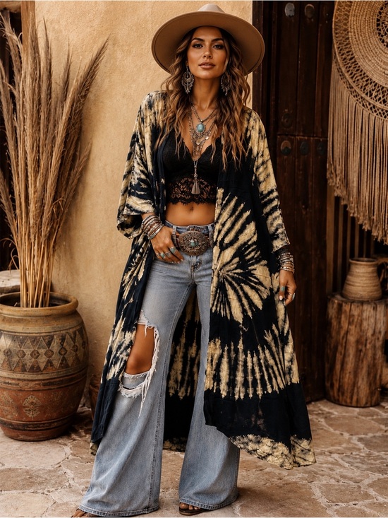 Kathmandu Imports Other - Kathmandu Black Cream Tie Dye Duster Kimono Cardigan Boho Rayon OS